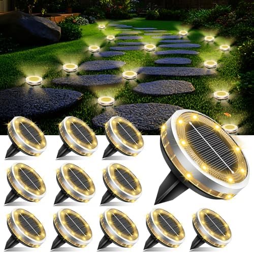 Solar Ground Lights Outdoor 12 Pack Waterproof, Upgraded Solar Garden Lights with 4 Side Light, Stainless Steel Solar Powered Disc Landscape Light for Walkway Pathway Lawn Yard Patio Deck-Warm White by SenLuKit