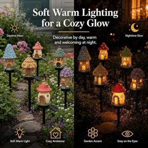 Solar Fairy-Tale Mushroom Cottage Garden Light, Whimsical Resin Fairy House Stake, Waterproof Warm Led Pathway Decor, Solar Powered Outdoor Landscape Lighting For Patio, Yard & Lawn (6PC-MIX) - Image 4
