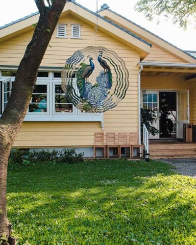 Wind Spinner 3D Stainless Steel Metal Wind Spinners Hanging Wind Spinner Vintage Colorful Peacock and Hydrangea Garden Decoration Kinetic Yard Art Ornament for Indoor Outdoor Decor, 12 Inch - Image 3