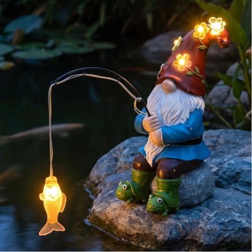 Solar Garden Gnome Statues Outdoor Statue Decor, Outdoor Fishing Gnome with Bee Solar Lights, Garden Figurines for Yard Decor Patio Porch Lawn Ornaments, Birthday Gifts for Mom, Thanksgiving - Image 4