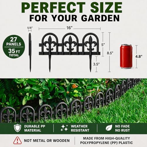 Evelyne Black Garden Border Plastic Edging – PP Plastic, Metal-Free Wrought Iron Look Design, 27pcs Black Yard Landscaping Fence Liner Lawn Edge Barrier, 35ft Kit of Decorative Lawn Landscape Panels - Image 4