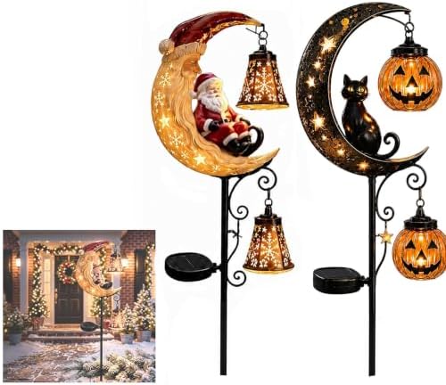 Solar Halloween Black Cat & Pumpkin Moon Garden Stake Light,2-in-1 Waterproof Outdoor LED Yard Decor with Hanging Lantern,Auto Dusk-to-Dawn Lawn Ornament for Pathway,Patio, Walkway (Color-M-2PCS) by HZSprance