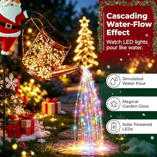 Santa Watering Can Solar Light with Ground Stake, 2027 New Christmas Solar Kettle Lights Garden Lawn Decorative Lights Santa Kettle Ground Lamp Solar LED Night Lights Outdoor Garden Decor, warm*2 - Image 2