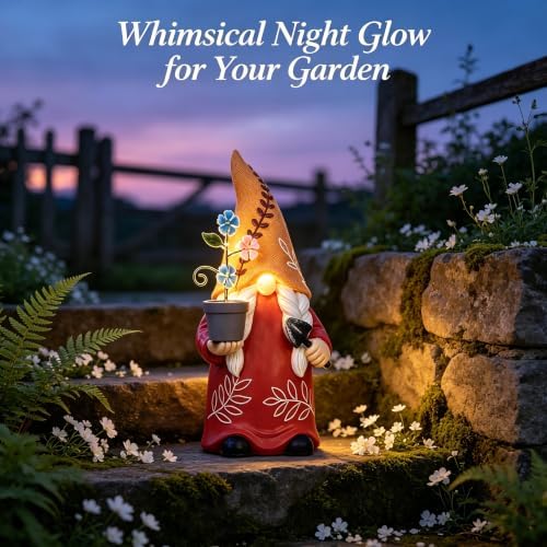 Gnome Solar Light Statue with Flower Resin Outdoor Garden Patio Decor Gift - Image 2