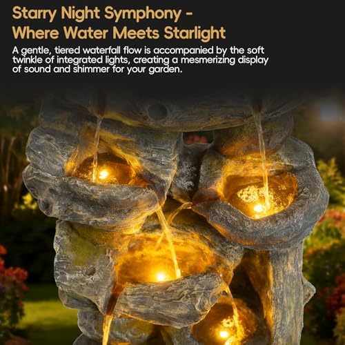 7-Tier Cascading Outdoor Water Fountains with LED Lights, 37.2" H Large Outdoor Waterfalls with Moss & Wood-Look for Garden, Patio, Yard Decor - Image 3