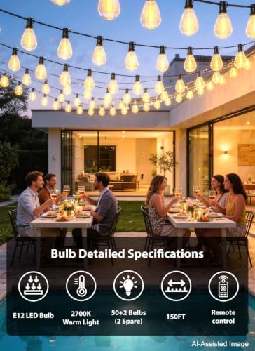 150FT Outdoor String Lights with 50+2 S11 LED Bulbs, Waterproof Dimmable Patio Lights with Remote, Shatterproof E12 Hanging Bistro Lights for Backyard, Porch, Garden, Deck Outdoor Decor - Image 6