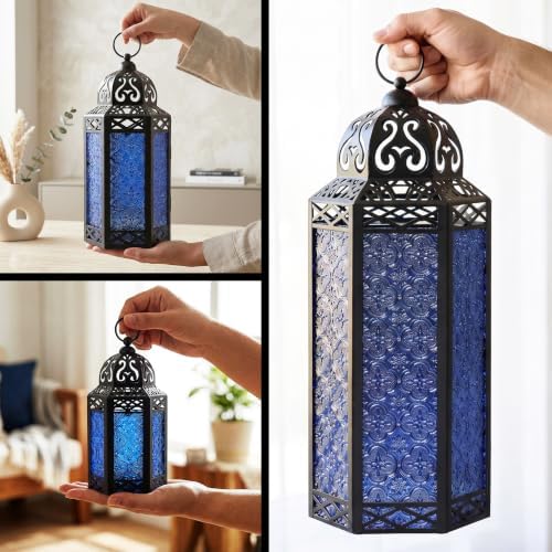 VELA LANTERNS Set of 3 Cobalt Blue Glass & Black Metal Moroccan Candle Lantern Holders (XL, Large, Small) - Decorative Indoor/Outdoor Decor for Patio, Floor, Weddings & Ramadan - Image 6