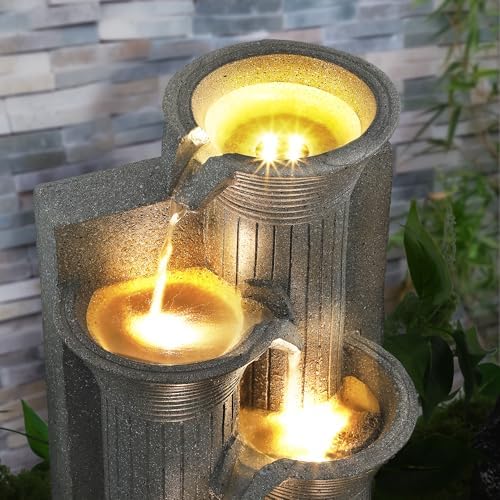 5 Tiered Waterfall Fountains, Bowl Water Fountain with LED Lights, Floor Garden Waterfalls Outside, Modern Cascading Flow Fountain for Garden, Yard, Patio, Home Decor (Light Grey) - Image 2