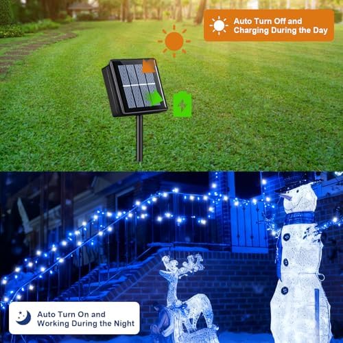 QITONG 2 Pack Blue and White Solar Christmas Lights, Each 66ft 200 LED Solar String Lights Outdoor Waterproof, 8 Modes Solar Twinkle Light for Outside - Image 3