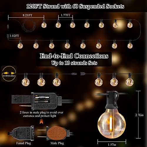 120FT Outdoor String Lights G40 LED Globe String Lights with 60 Waterproof Shatterproof Bulbs(2 Spare), Patio Lights Commercial Grade Backyard Lights for Outside Porch Bistro Garden Party - Image 6