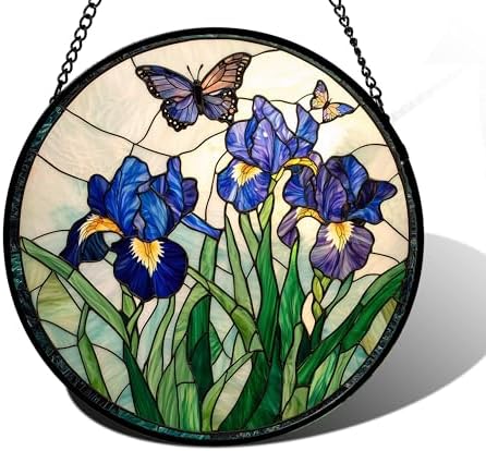 Purple Iris and Butterfly Stained Glass Window Hanging Suncatcher Gift 12" by DASTOLL