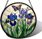 Purple Iris and Butterfly Stained Glass Window Hanging Suncatcher Gift 12" by DASTOLL