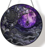 Spider Web Purple Moon Stained Glass Suncatcher 11.8" Colorful Window Hanging Ornament, Sun Catcher Decor for Bathroom Front Door Living Room Home Wall Garden by FeHuew