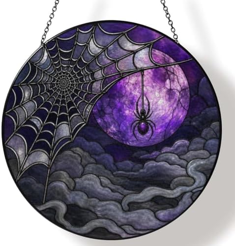 Spider Web Purple Moon Stained Glass Suncatcher 11.8" Colorful Window Hanging Ornament, Sun Catcher Decor for Bathroom Front Door Living Room Home Wall Garden by FeHuew