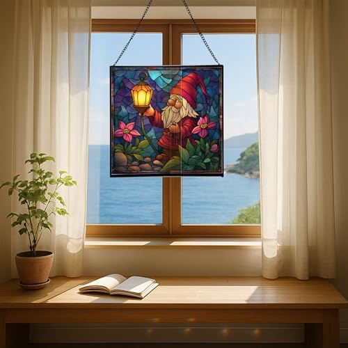 Candlelight Gnome Night Stained Glass Suncatcher – Square Hanging Window Panel for Home or Greenhouse – Whimsical Glass Art Gift for Garden Lovers, Christmas, Halloween, Father Days H1M9Wh - Image 6
