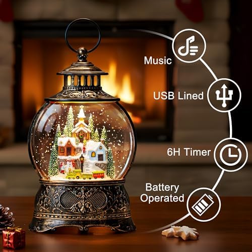 Christmas Snow Globe Water Lantern with Mountain Village and Train Scene Battery Operated or USB Powered Musical Lighted Holiday Decoration for Tabletop Display for Family and Friend - Image 2