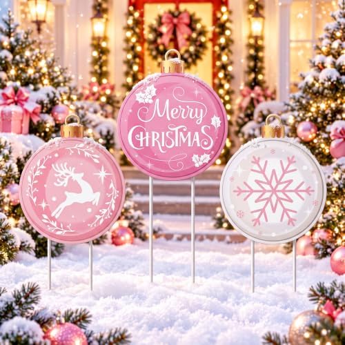 Drydiet 3 Pack Metal Christmas Yard Signs Decor Xmas Yard Stakes Outdoor with Stakes for Holiday Outdoor Garden Lawn Pathway Decoration (Pink Ball) by Drydiet