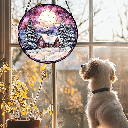 Snow and Moon Stained Glass Window Hanging Suncatcher Gift for Women 9.8" - Image 2
