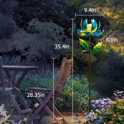 Solar Yard Lights Wind Spinners- Metal Lotus Flower Garden Decor LED Crackle Glass Globe Yard Art Sculpture Solar Stake Lights for Patio Pathway Lawn Walkway - Image 5