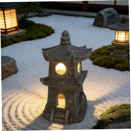 Resin Pagoda Japanese Stone Lantern Solar Outdoor Figurine Lights, Zen Garden Decor for Yard, Patio, Pathway, Landscape Lighting - Image 6