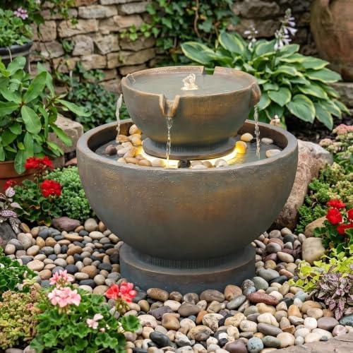 Sunlinua Small Modern Outdoor Water Fountain with Led Lights Tiered Cascading Waterfall Feature Water Fountain for Patio Garden Backyard Decking Home and Indoor Décor Gray by Sunlinua