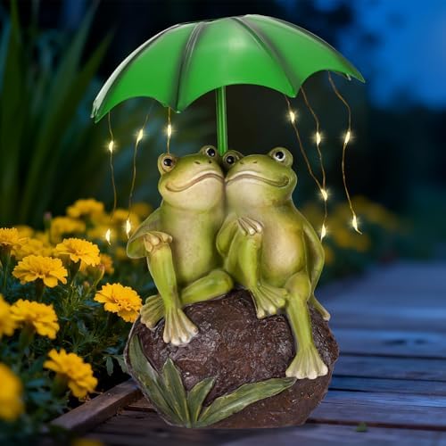 Solar Garden Statues Decor Frogs Couple with LED Lights and Umbrella, Outdoor Frog Garden Statue for Patio, Balcony, Housewarming, Yard Frog Gifts for Women by Paxato