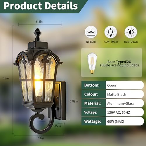 Dawn to Dusk Sensor Outdoor Wall Light Fixtures Waterproof Porch Lights Anti-Rust Matte Black Sconce Lights Outdoor Wall Lantern for Patio Front Door Garage House -2 Pack - Image 3