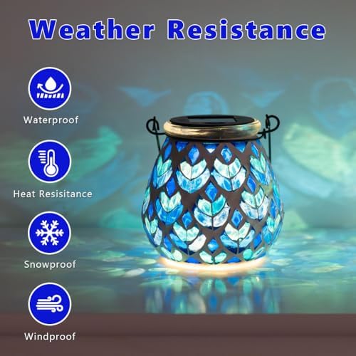 Stargarden 4 Pack Mosaic Solar Lanterns, Blue Glass Hanging Lantern - Image 3