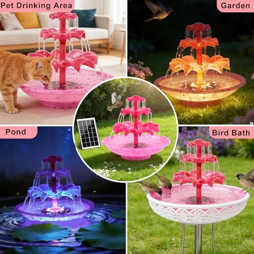 3.5W Solar Fountain Pump for Bird Bath, 3-Tier Red Solar Water Pump with 8 LED Lights, 32.8FT Power Cord and Adapter Included, Dual-Powered for 24/7 Use for Garden, Pond, Pool, Fish Tank and Lawn - Image 7