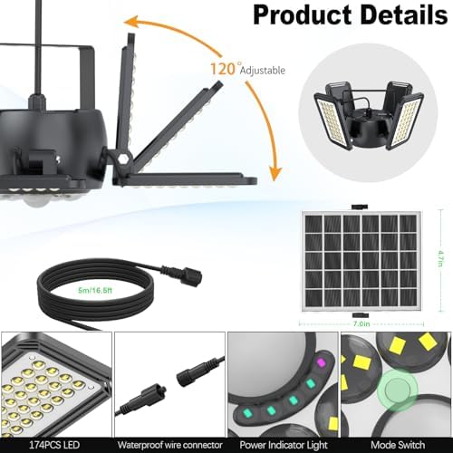 Solar Shed Light Outdoor Indoor Upgrade 1200LM 174LED 4 and 1 Heads Motion Sensor Pendant Light Daytime Work Light with 5 Lighting Modes Remote Control IP65 Waterproof for Barn Gazebo Shop 2 Pack - Image 3