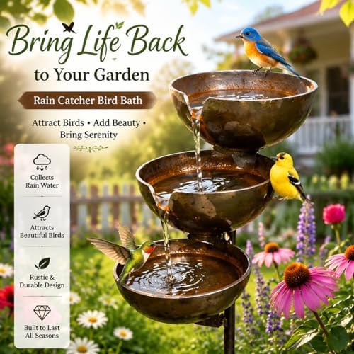 Rain Catcher Bird Bath, 3 Tiered Metal Bird Bath for Outside (Light Copper) - Image 3