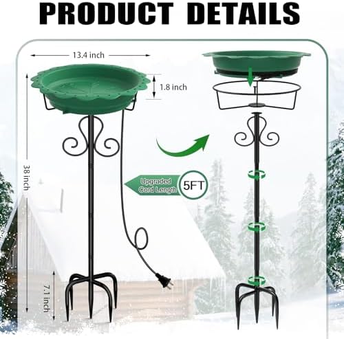 Heated Bird Baths for Outdoors, 100W Heated Birdbath Outside Winter, Green - Image 6