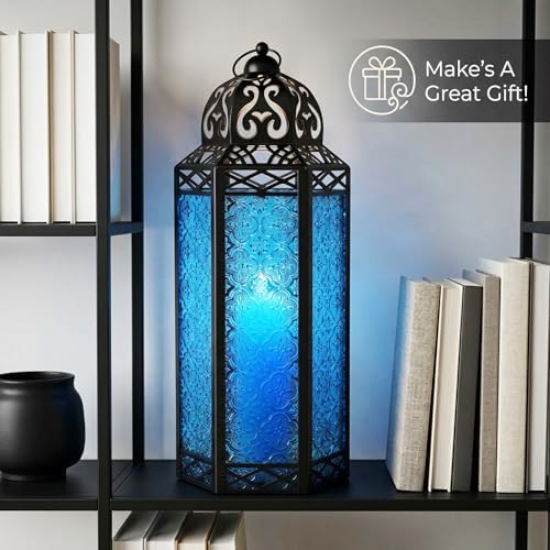 Vela Lanterns Decorative Indoor Candle Holder Table Centerpieces - Moroccan Hanging Outdoor Patio & Porch Home Decor, Turkish Floor Lamp for Wedding, Ramadan (Extra Large 16", Blue Glass) - Image 4