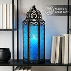 Vela Lanterns Decorative Indoor Candle Holder Table Centerpieces - Moroccan Hanging Outdoor Patio & Porch Home Decor, Turkish Floor Lamp for Wedding, Ramadan (Extra Large 16", Blue Glass) - Image 4