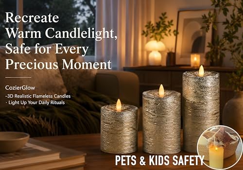 Shiny Metallic Silver Flameless Pillar Candles, Patented 3D Realistic Moving Flickering Flame with Remote Timer, Battery Operated 400hrs for Wedding, Holiday, Party, Decor, Gift(Set of 3) - Image 2