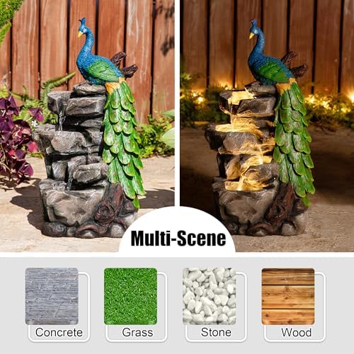 Glitzhome Outdoor Water Fountain with Lights, 4-Tierd Peacock W/Stacked Stone Outdoor Fountain, 20.5" H Polyresin Decorative Waterfall Feature Garden Fountain with Pump for Garden, Patio, Porch - Image 5