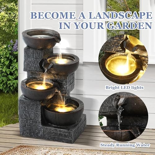 Grepatio Outdoor 4-Tiers Water Fountain, Garden Cascading Waterfalls Fountain with 4 LED Lights, 21.9" H Modern Indoor/Outdoor Bowl Waterfall Feature Water Fountains for Garden, Yard Decor (Brown) - Image 3