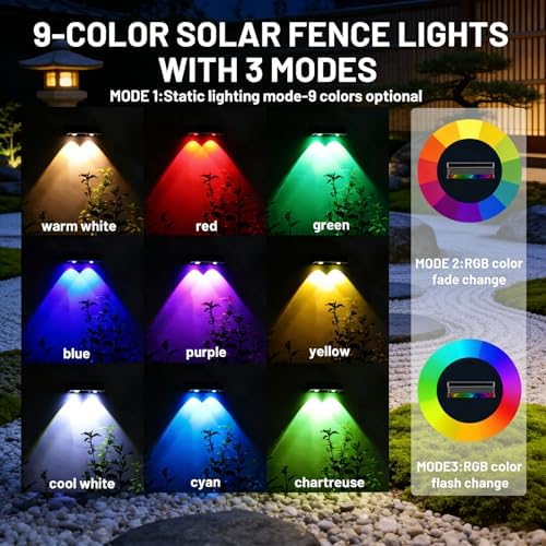 6 Pack Solar Lights Outdoor Waterproof, Color Changing Solar Fence Deck Step Flood Lights, Warm White & RGBCW 11 Color, IP65 Waterproof Garden Lights for Outside Backyard Yard Step Patio - Image 2
