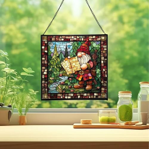Gnome with Treasure map Stained Glass Suncatcher – Square Hanging Window Panel for Home, Garden, Nursery, Halloween, Christmas, Memorial Day – Whimsical Glass Art Gift for Gnome Lovers lfqkjl - Image 2