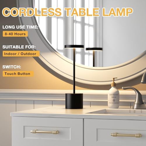 Cordless Rechargeable Table Lamp, 4000mAh Battery Operated, Black, 2 Pack - Image 2