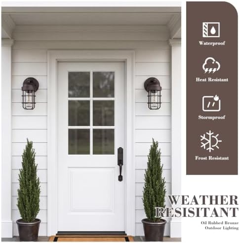 Emliviar Farmhouse Outdoor Wall Sconces, 2 Pack Vintage Exterior Light Fixtures with Nautical Metal Cage and Tempered Glass, Oil Rubbed Bronze Finish, GE255B-2PK ORB - Image 4