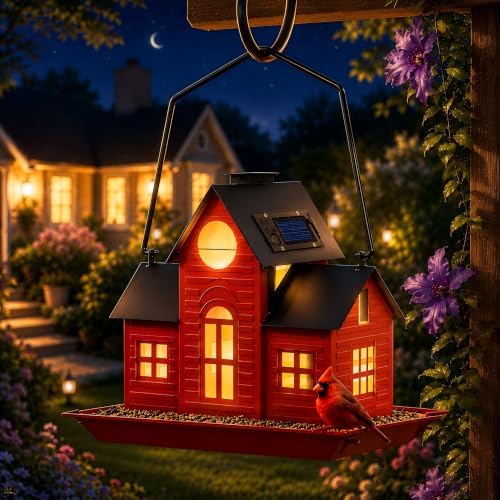 Solar Bird Feeders for Outdoors Hanging,Metal Cardinal Bird House Feeder with Solar Powered Lantern Light,Wild Cardinal Birdfeeder Waterproof Decor for Garden Yard Outside,Gift for Grandma Mom - Image 3