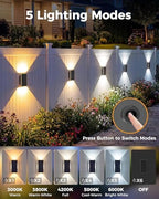 vighep Solar Fence Lights Outdoor 16 Pack, 5CCT(3000K-6000K) Up and Down Solar Wall Lights, IP65 Waterproof Dusk to Dawn Wood Fence Lights Solar Powered for Patio, Porch, Backyard, Garage, Wall Decor - Image 3