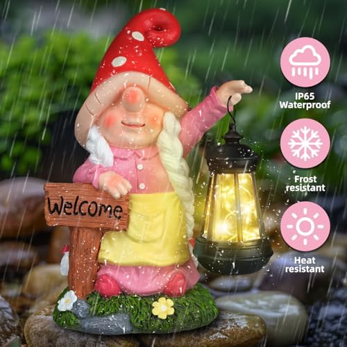 12.4" Solar Garden Gnome Statue with LED Lantern Welcome Sign, Pink - Image 6
