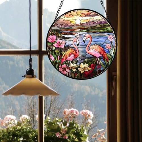 Stained Glass Window Hanging - Flamingo Wildflowers Landscape Suncatcher for Door Terrace Garden Home Decor Sunset Lake Sun Catcher Birthday Gifts for Lovers Women Men Dad Mom Nana 9.8 in - Image 4