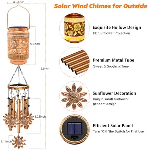 2 Pack Sunflower Solar Wind Chimes for Outside, Gifts for Mom Women Grandma Birthday Memorial Teacher, 32" Windchimes Outdoor Decor Hanging Solar Lantern for Garden Porch Patio Backyard - Image 2