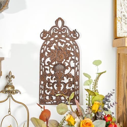 Sungmor Vintage Cast Iron Wall Plaque -Scroll and Floral Vase Design,Rust - Image 3