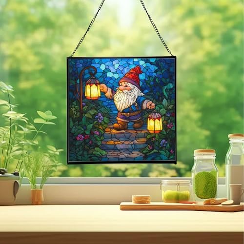 Lantern Path Gnome Stained Glass Suncatcher – Square Hanging Window Panel for Home or Greenhouse – Whimsical Glass Art Gift for Garden Lovers, Christmas, Halloween, Father Days 8DrWKo - Image 2
