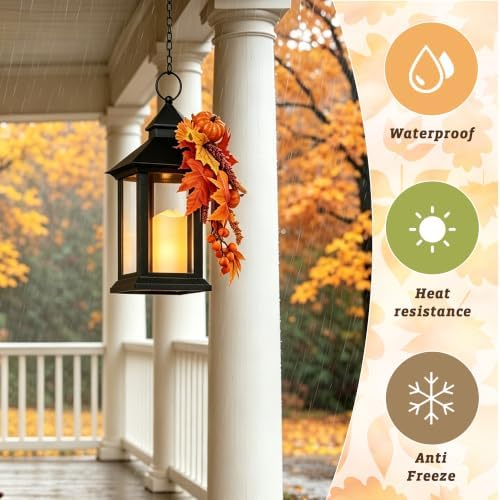 Fall Lanterns Decorative Indoor, 14" Autumn Decor Black Outdoor Lantern - Image 3