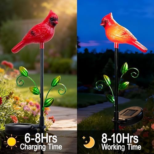 2 Pack Cardinal Garden Decor Red Bird Figurine Solar Lights Garden Stakes Decorative, Cardinal Outdoor Decor for Yard Patio Porch Lawn Ornaments Christmas Memorial Gifts Cemetery Decorations - Image 4